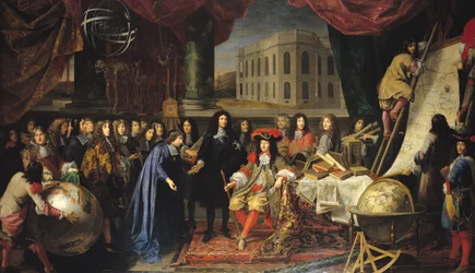 Jean-Baptiste Colbert (1619-1683) presenta a los miembros de la Real Academia de Ciencias ante Luis XIV (1638-1715), hacia 1667